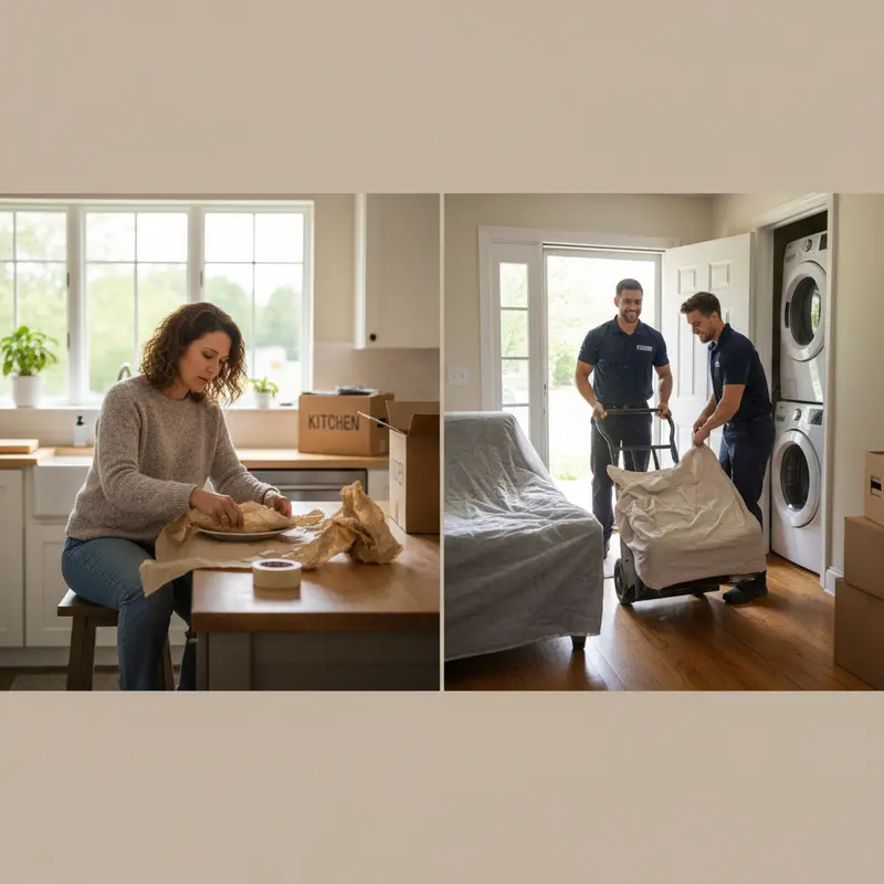 Side-by-side scene of a Northern Virginia homeowner wrapping dishes by hand and a professional mover loading wrapped furniture on a hand truck