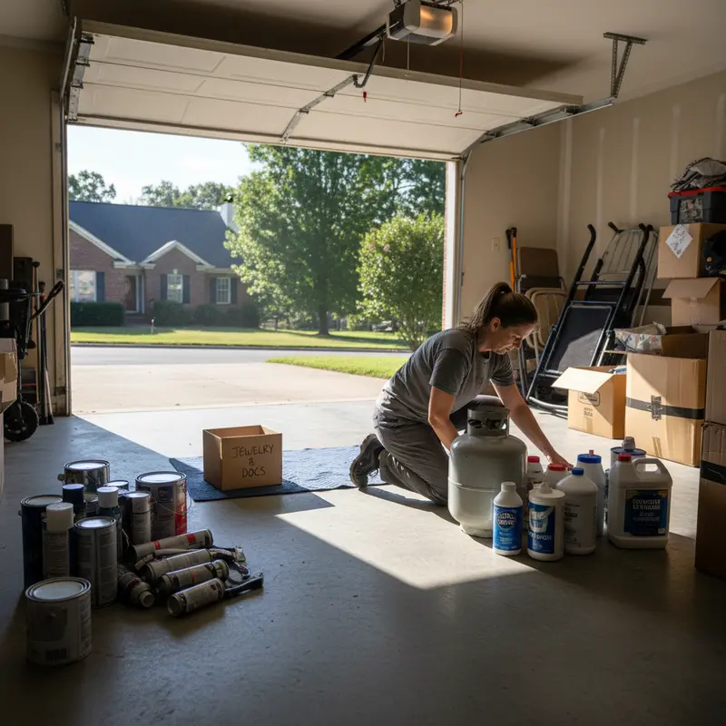 Garage floor with separated piles of items being sorted before a Chantilly move: aerosol cans, paint, propane tank, pool chemicals, and a small valuables box