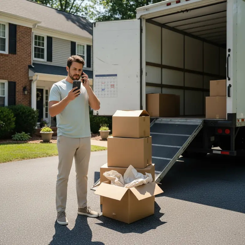 Chantilly homeowner on the phone with movers updating a moving date next to stacked boxes and a calendar