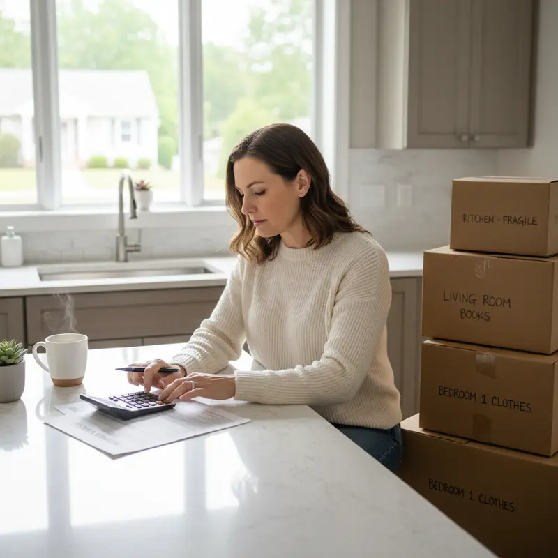 Chantilly homeowner reviewing a printed moving estimate with a calculator beside a stack of labeled moving boxes in a sunlit kitchen