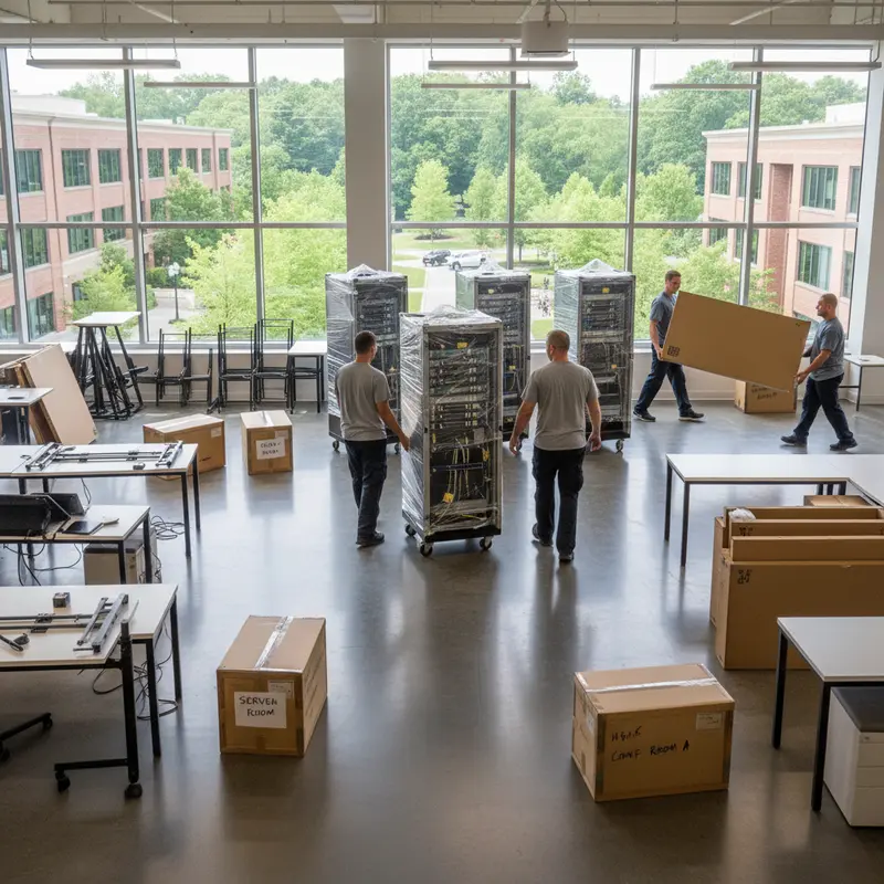 Office relocation mid-move in a Northern Virginia commercial building with dismantled desks, labeled crates, server racks on dollies, and movers carrying panels