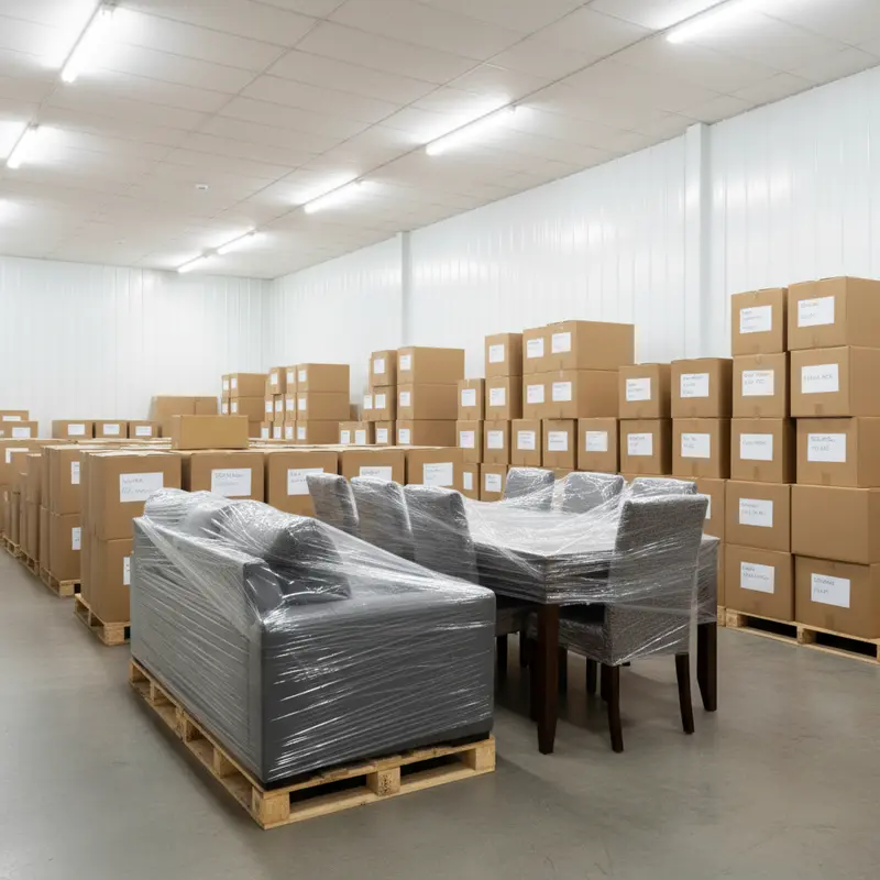 Climate-controlled storage warehouse interior with neatly stacked plastic-wrapped furniture, sofa, dining table, and labeled boxes on pallets