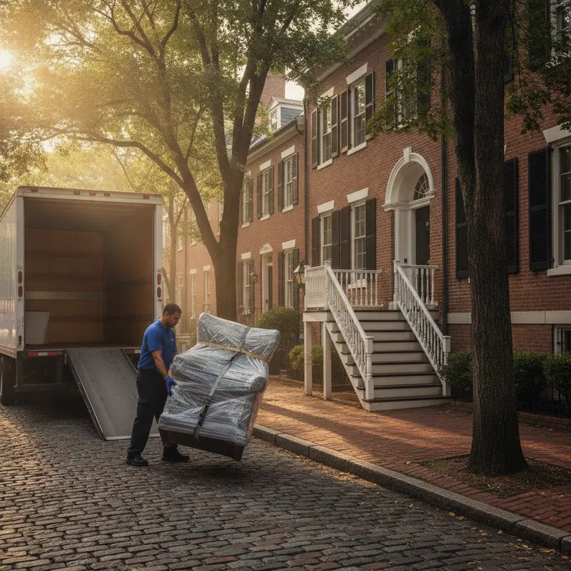 Movers carrying a wrapped chair down the steps of an Old Town Alexandria red-brick Federal-style rowhouse