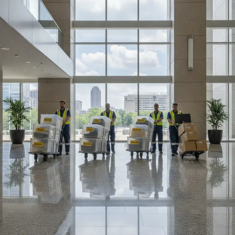 Commercial moving crew wheeling labeled office crates across the lobby of a modern high-rise office tower in Arlington VA near Amazon HQ2 during a weekend relocation