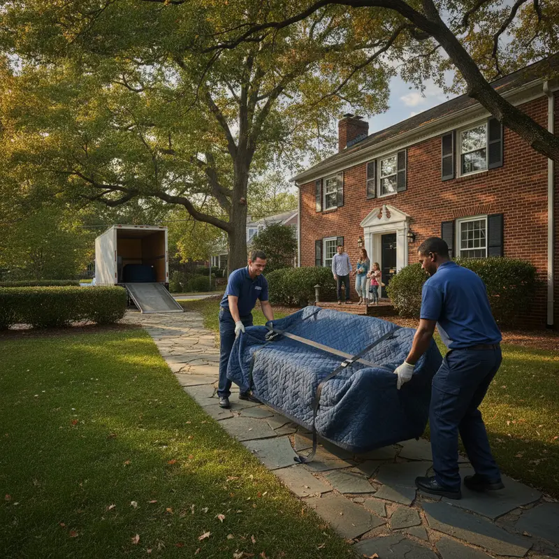 Two professional movers carrying a wrapped sofa down the front walk of a 1940s red-brick colonial single-family home in an Arlington Virginia neighborhood