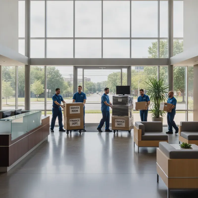 Commercial moving crew wheeling labeled office crates into the modern glass lobby of a Class A office tower along Rockville Pike in Bethesda Maryland during a weekend relocation
