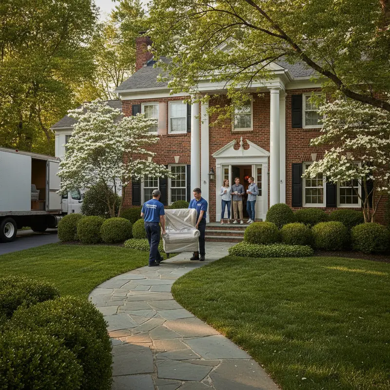 Professional movers carrying an upholstered armchair up the flagstone path of an upscale red-brick colonial home in a leafy Bethesda Maryland neighborhood