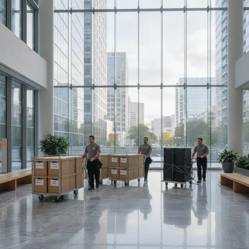 Commercial moving crew wheeling labeled office crates across the lobby of a modern glass Tysons Corner office tower during a weekend relocation