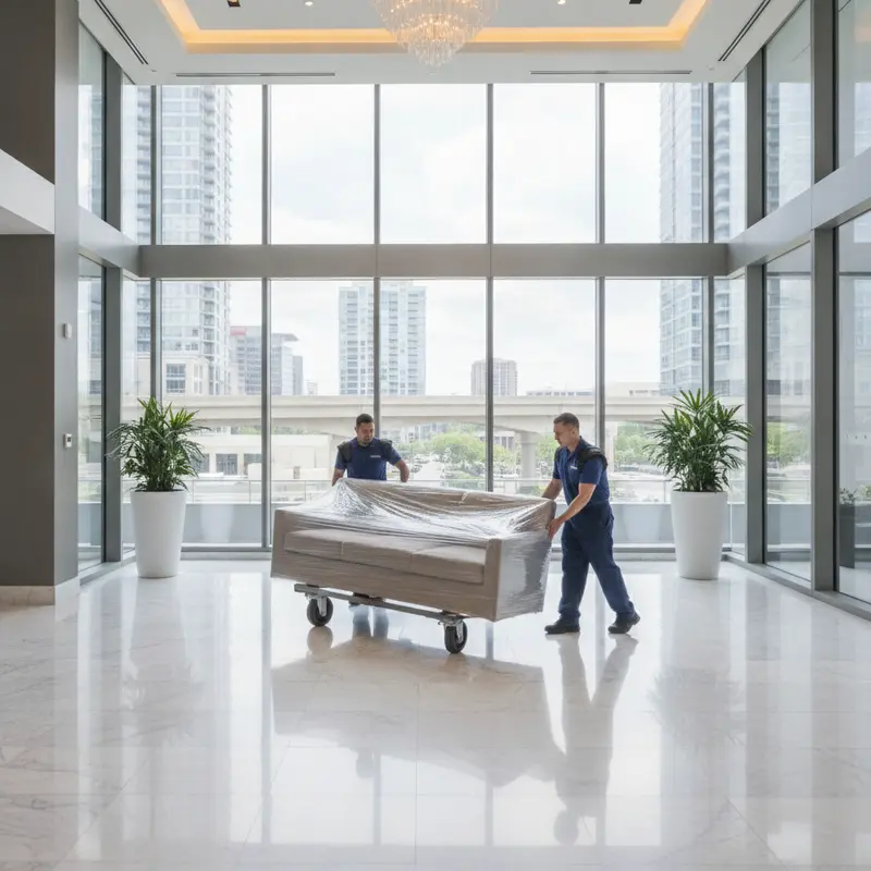 Two professional movers wheeling a stretch-wrapped upholstered sofa across the polished marble lobby of a luxury glass-and-steel high-rise condo tower in Tysons Corner, Virginia